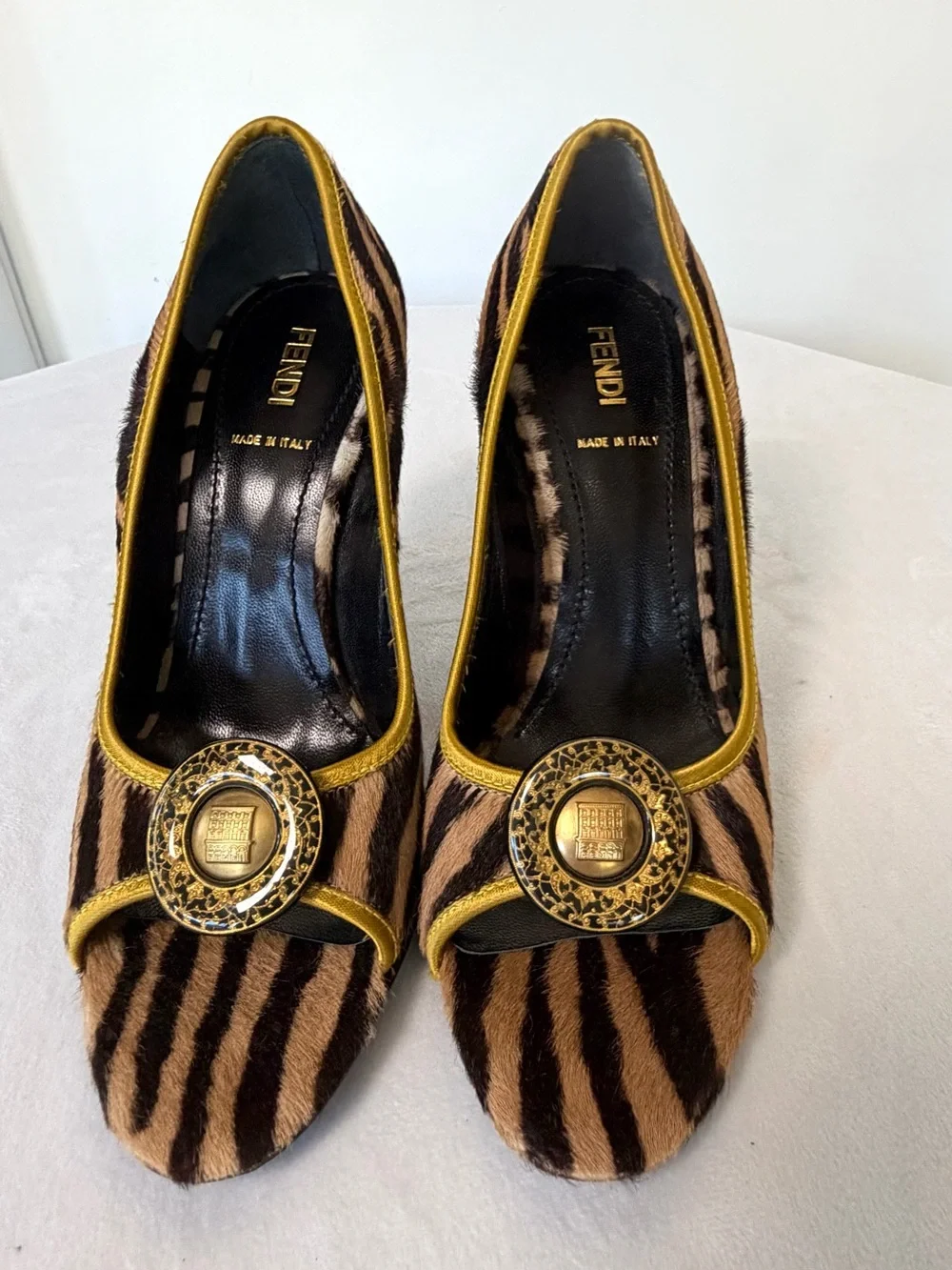 Fendi Calfhair Zebra Peep-Toe Heel, Gold Flagship Emblem, 36.5, some balding - Picture 3 of 16